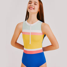 Load image into Gallery viewer, designer swimwear - Multi Stripe Zip Up One Piece Yellow Blue - CORALIQUE - One Piece - CORALIQUE - CORALIQUE
