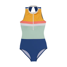 Load image into Gallery viewer, designer swimwear - Multi Stripe Zip Up One Piece Yellow Blue - CORALIQUE - One Piece - CORALIQUE - CORALIQUE
